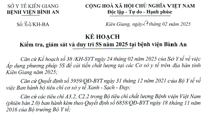 Kế hoạch kiểm tra, giám sát và duy trì 5S năm 2025 tại BV Bình An